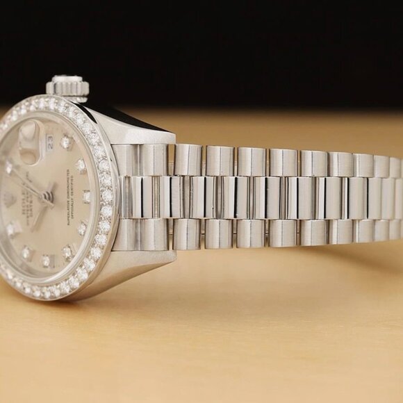 ROLEX LADIES DATEJUST SILVER FACTORY DIAMOND PLATINUM PRESIDENT WATCH - Picture 5 of 9